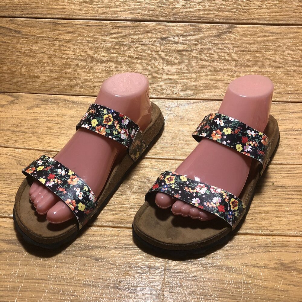 Birkenstock's Birkies slip on two-strap black and flowery print sandals, 8